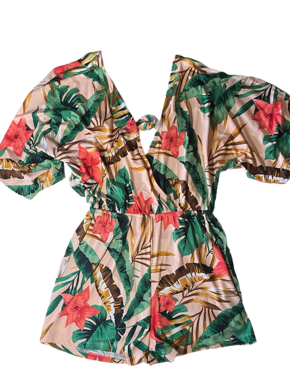 VENUS Pink Tropical Print Wrap Romper with Green Leaves